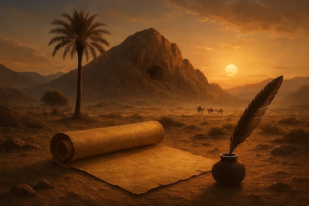 A cinematic, high-quality historical illustration of a peaceful desert landscape in ancient Arabia during sunset.