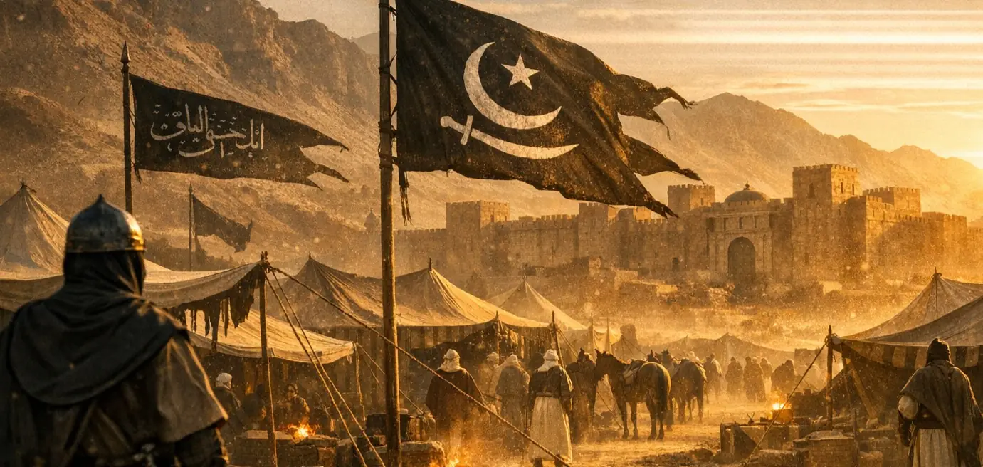 A cinematic, high-quality historical illustration of a 7th-century Arabian army's encampment in a vast desert valley during sunrise